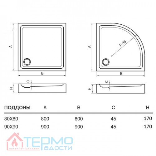 Акриловый душевой поддон Koller Pool Round ROUND90S 90х90 (квадратный ...