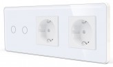 1DAL Сенсорный выключатель (2 кл.) + Двойная розетка | Белый, Стеклянная панель
