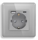 1DAL Стеклянная розетка 1DAL с USB + Type-C | Серый с З/К + шторки