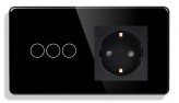 1DAL Сенсорный выключатель (3 кл.) + Розетка с З/К 1DAL | Черный, Стеклянная панель